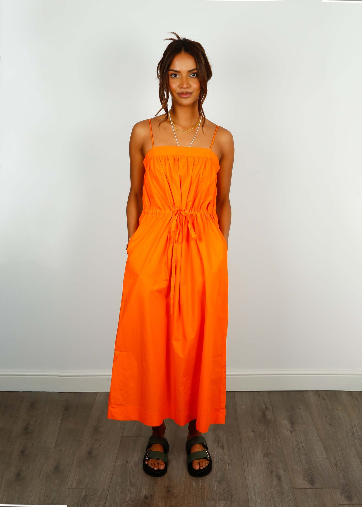 GANNI F7706 Cotton Poplin Maxi Strap Dress in Orange