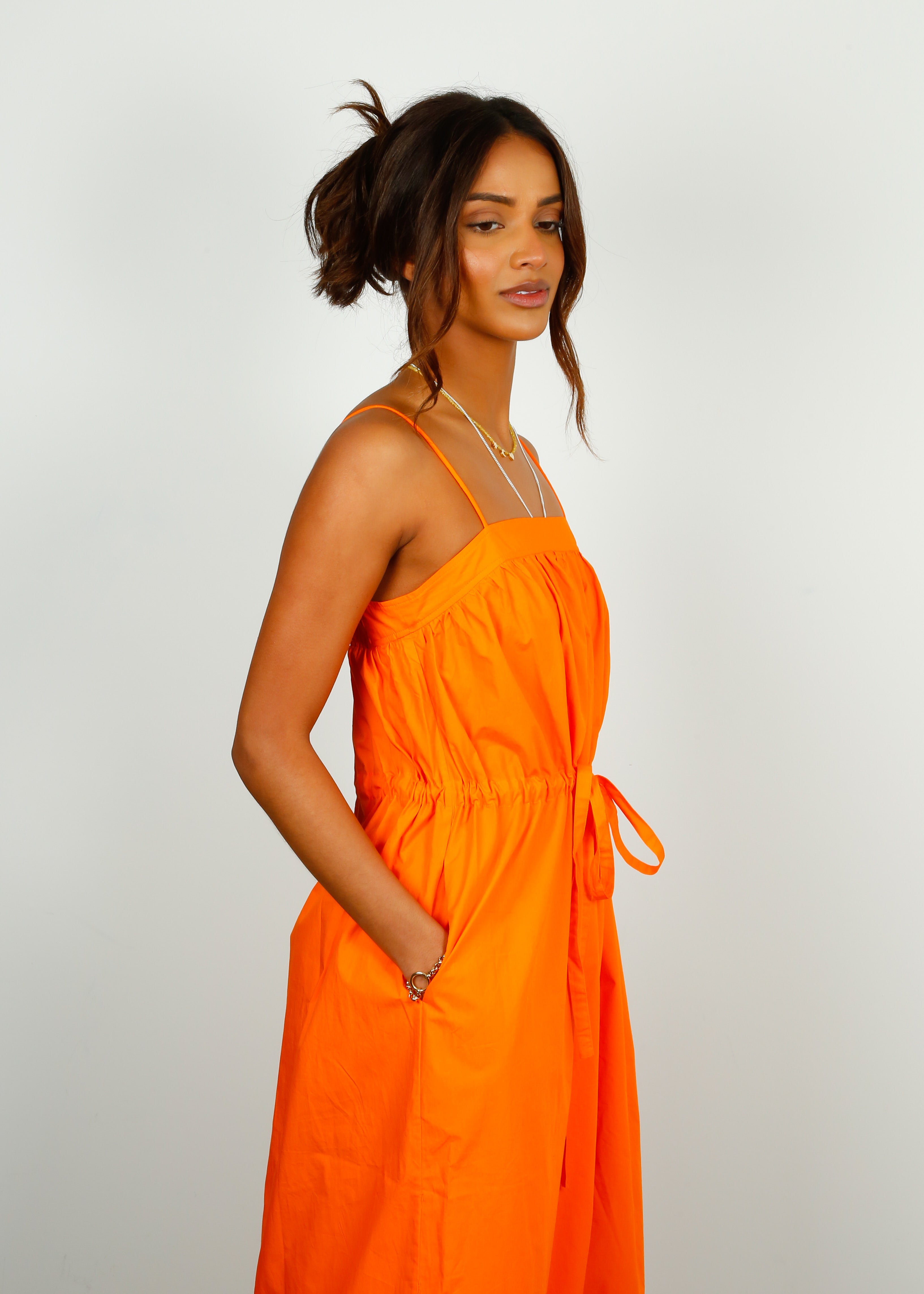 GANNI F7706 Cotton Poplin Maxi Strap Dress in Orange