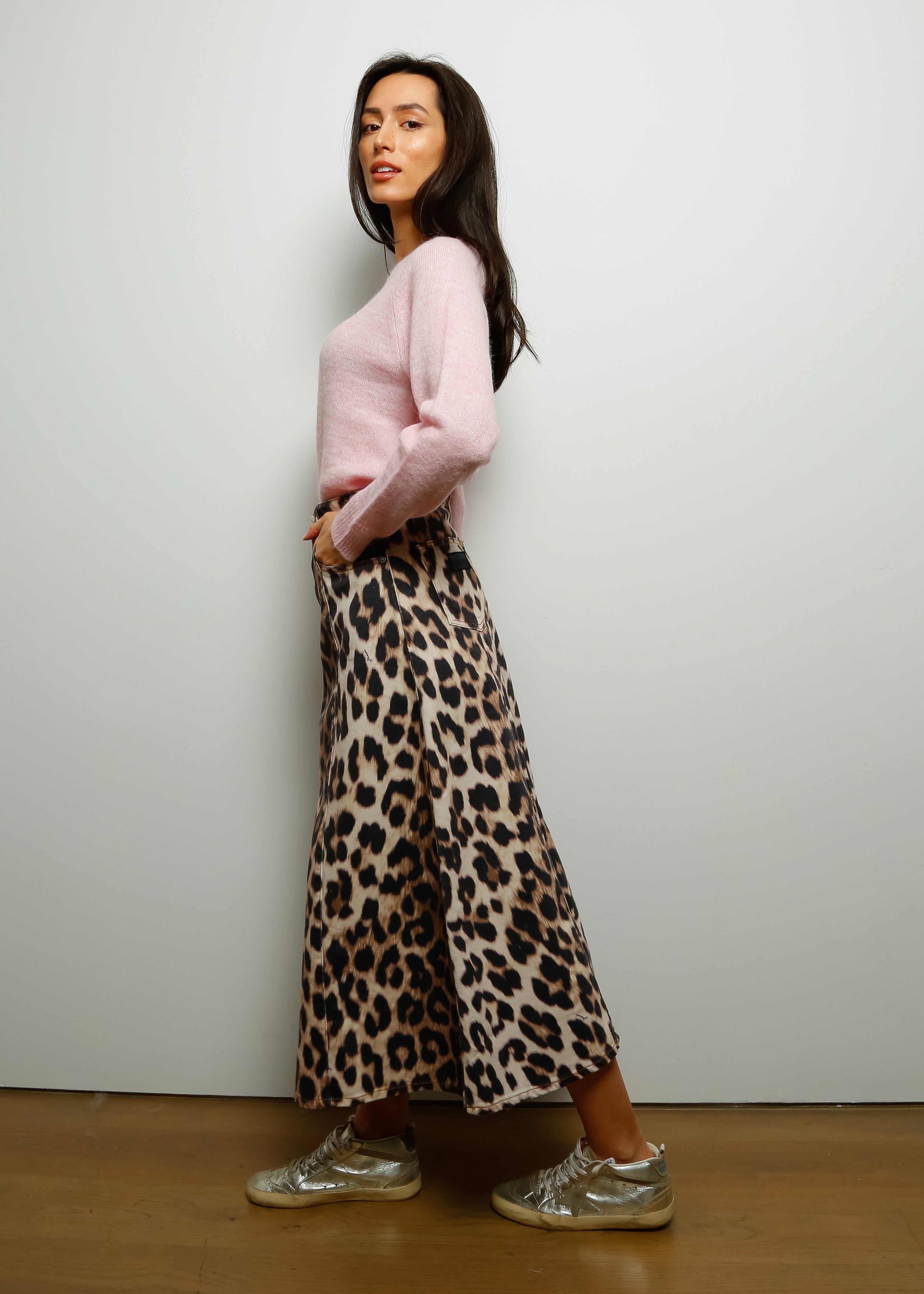 GANNI J1168 Printed Denim Skirt in Leopard