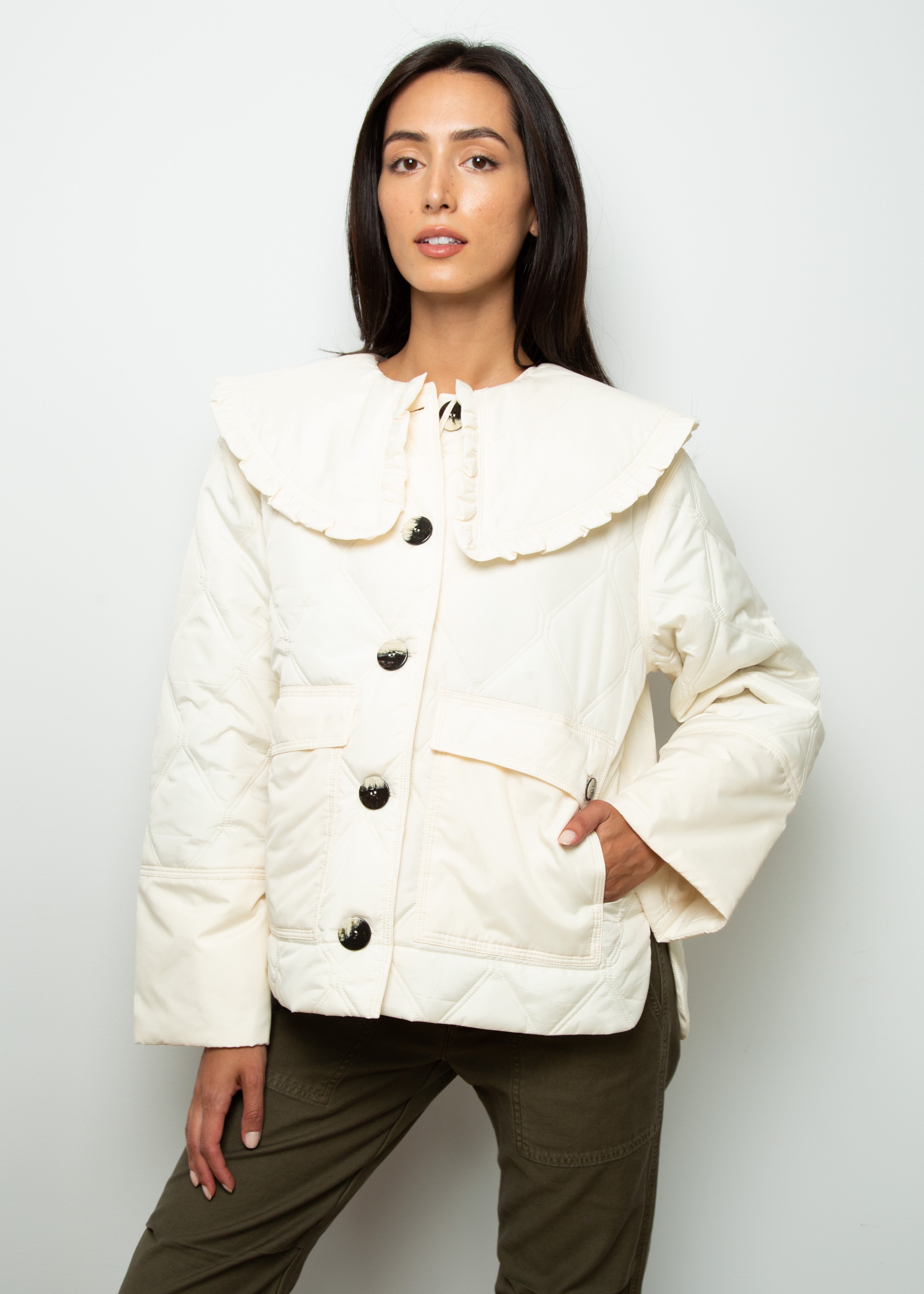GANNI F7159 Recycled Ripstop Quilt Jacket in Egret