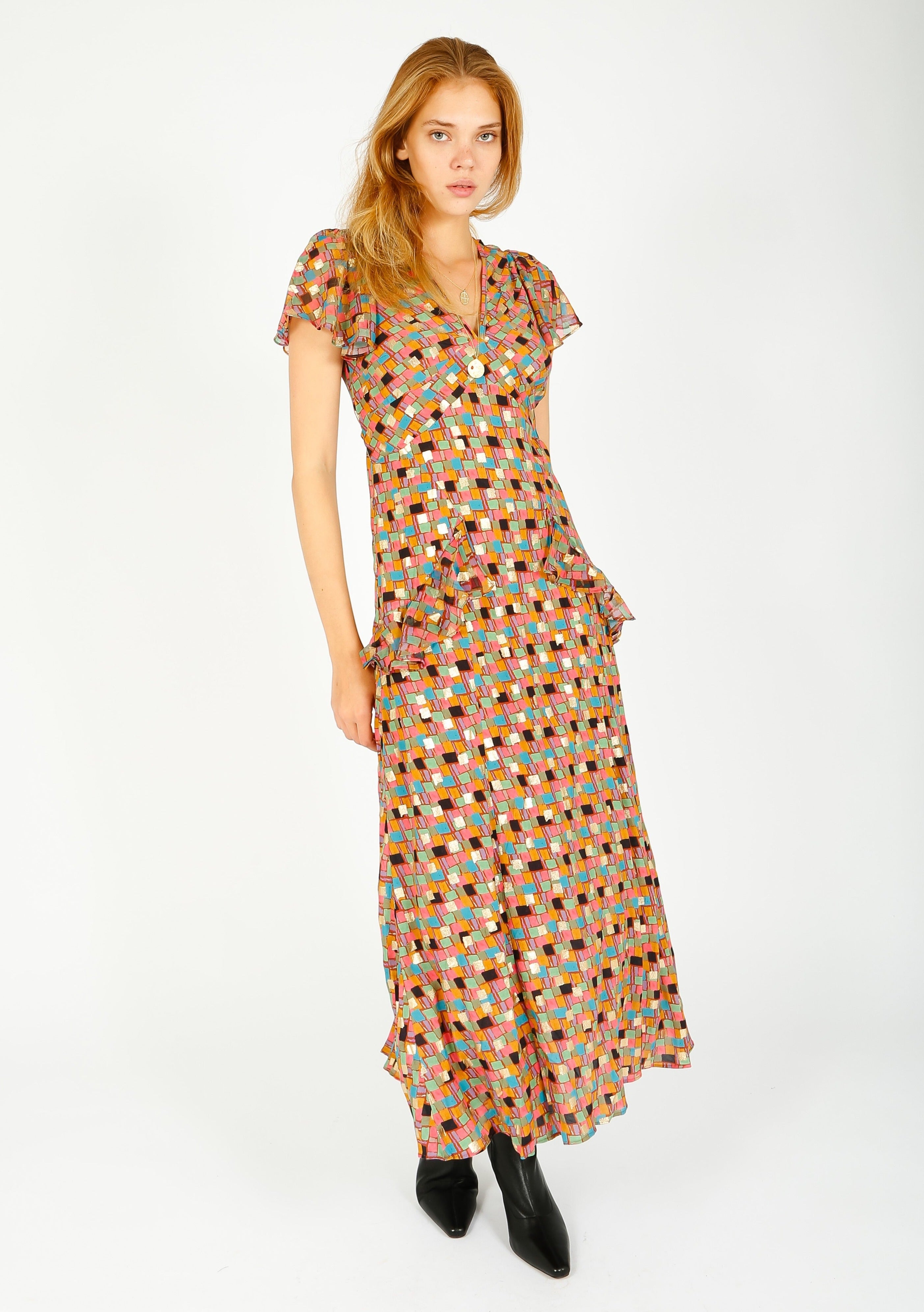 RIXO Evie Dress in Klimt Stamp Foil Dahlia