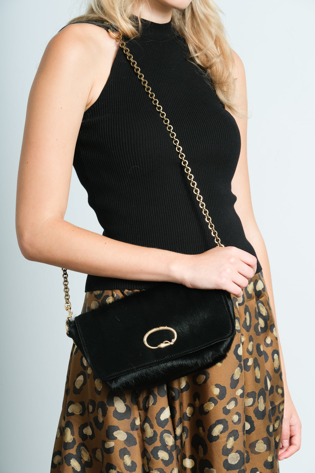 SLP Mai Tai bag in black with cobra motif,  gold detachable chain