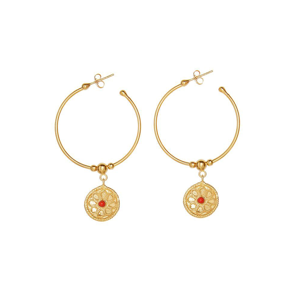 Flora hoop earrings in gold with red stone