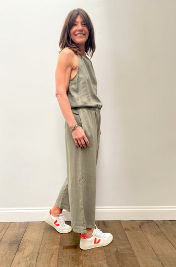 BD Fray Neck Wide Leg Jumpsuit 6416 in Soft Army