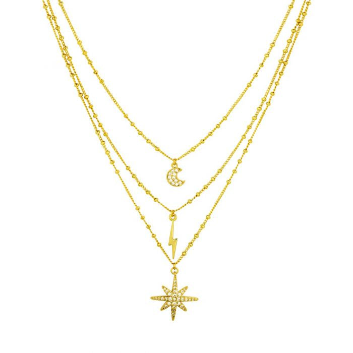 Ashiana JNC09248 3 Line Star & Moon Necklace in Gold