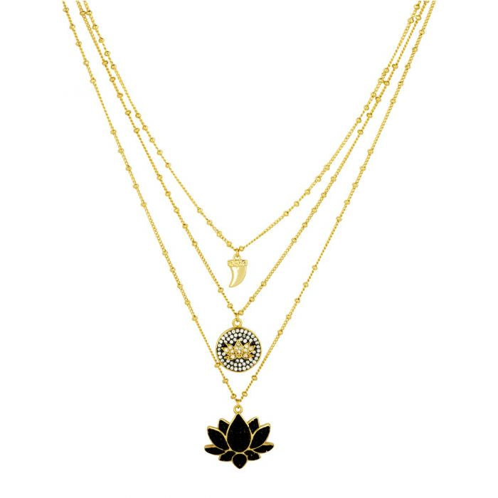 Ashiana JNC09249 Three Line Black Lotus Necklace in Gold