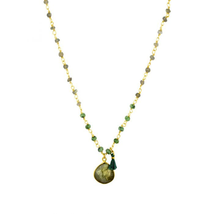 Ashiana JNI09 Gem Necklace Beads & Tassel in Green